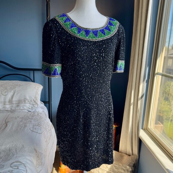80s Vintage Niteline by Della Roufogali Beaded Sequin Mini Dress - Picture 2 of 16
